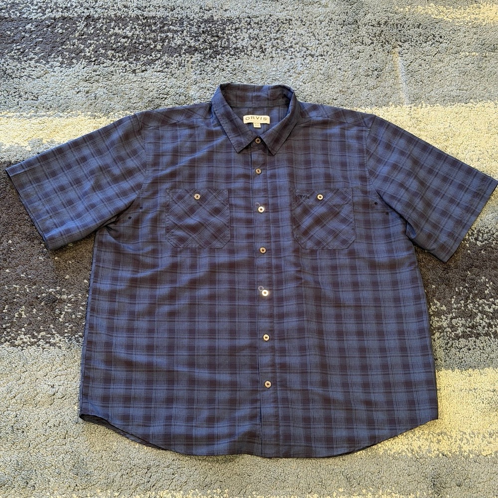 Orvis Button Up Short Sleeve Shirt Men's XXL Blue Plaid Casual Pockets Vented